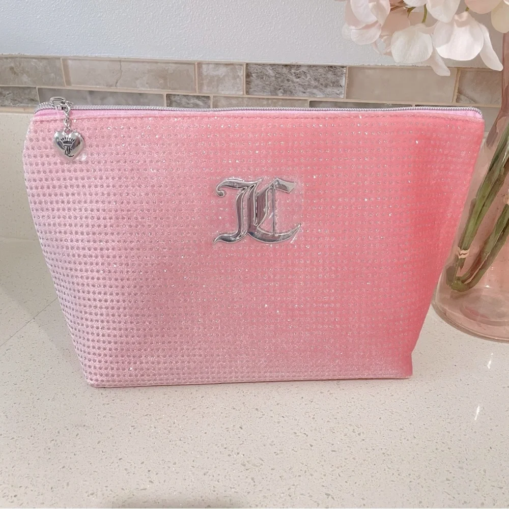 NEW‎ Juicy Couture Pink Velour Glitter Makeup Bag Silver JC Monogram Heart Charm